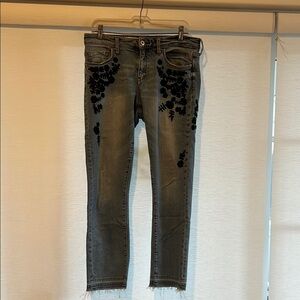 Women's Blue Jeans with Black Floral Design